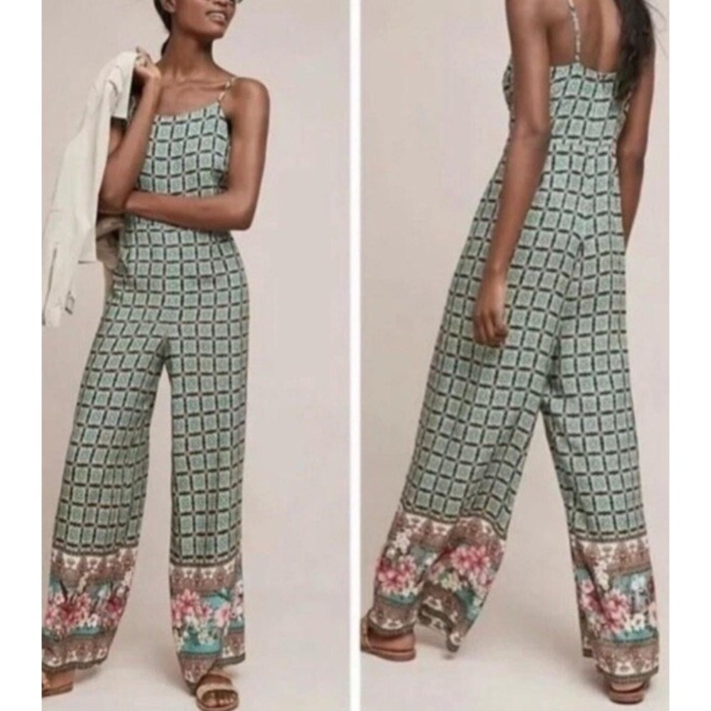 Farm Rio Jumpsuit XS Green Floral Tropical Wide Leg Palazzo Boho Resort